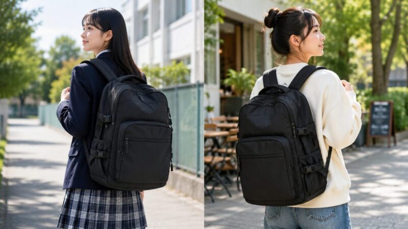 制服コーデにも休日のカジュアルコーデにも合わせやすい黒ベースの大容量リュック