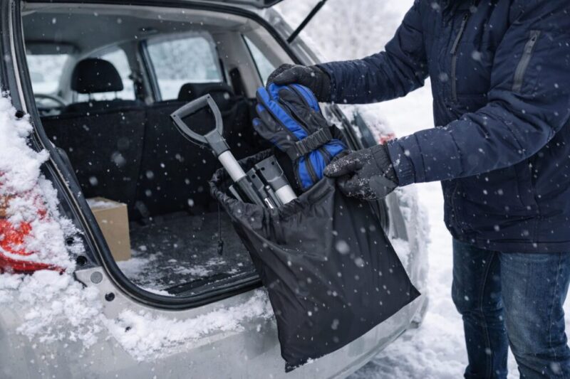 車のトランクから折りたたみスコップと手袋を取り出して備える様子