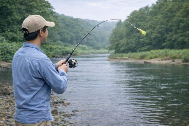 川辺で初心者がコンパクトロッドを使ってルアーを投げる様子