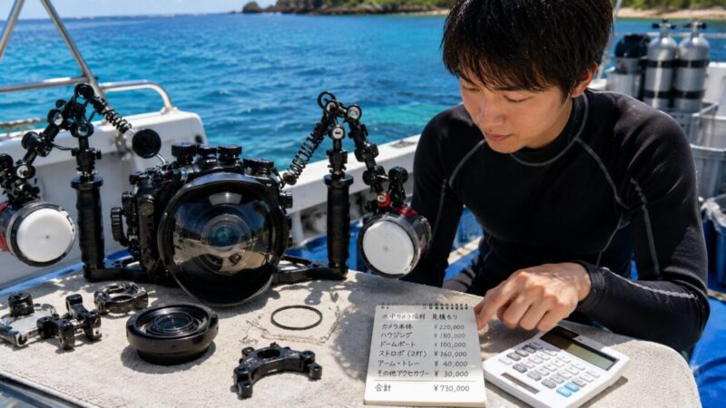 大型水中ハウジングとドームポートやストロボなどの撮影機材一式を確認するダイバー