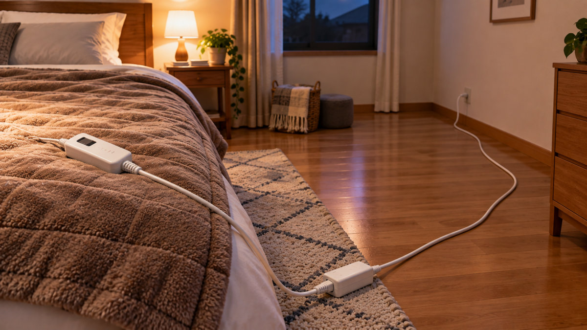電気毛布を長い延長コードにつないで離れた壁コンセントから電源を取っている寝室