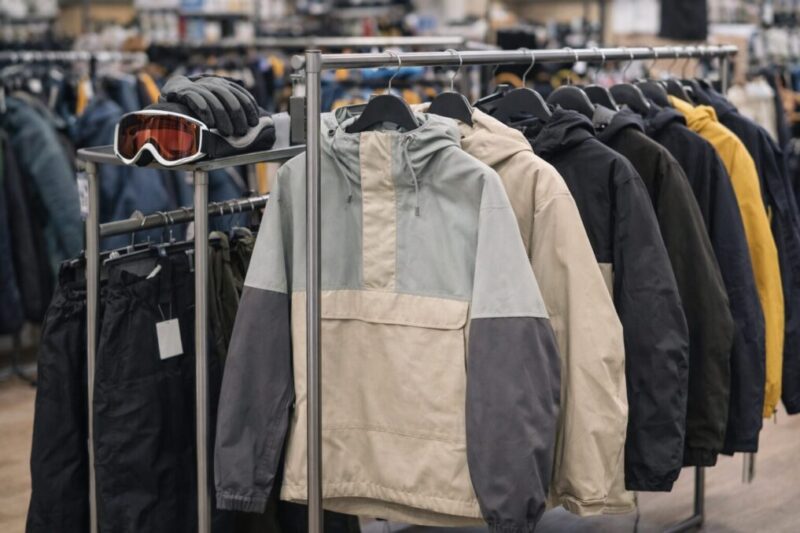 店頭でジャケットを見比べながら試着を検討するイメージ