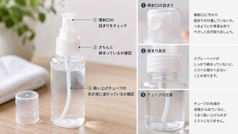 ミストにならない時に確認したいスプレーヘッドの噴射口と接続部分