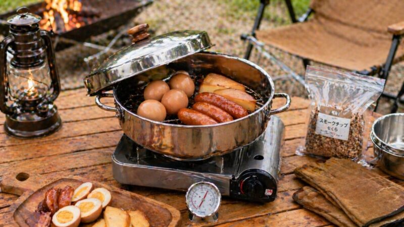 キャンプテーブルに並べた燻製器セットと温度計、網、フック、燻製チップなどの付属品