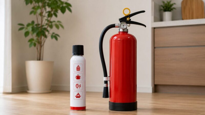 消火スプレーと住宅用消火器の大きさや構造を比較した様子