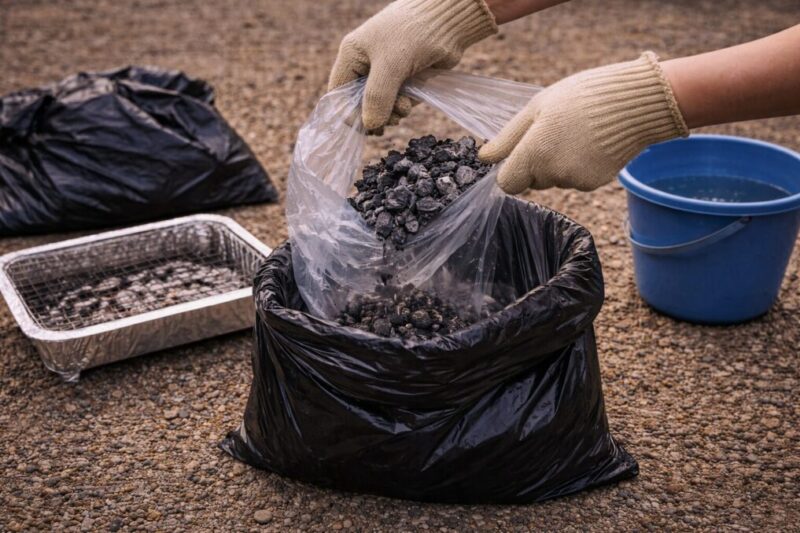 冷めた炭と灰を袋にまとめ、こぼさないよう分けて持ち帰る手元の様子
