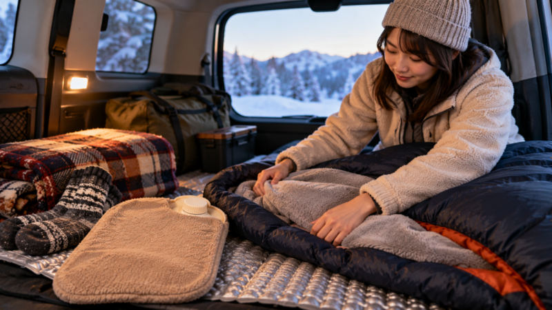 冬の車中泊で寝袋と毛布を整える女性と、断熱マットやカバー付き湯たんぽなどの防寒用品