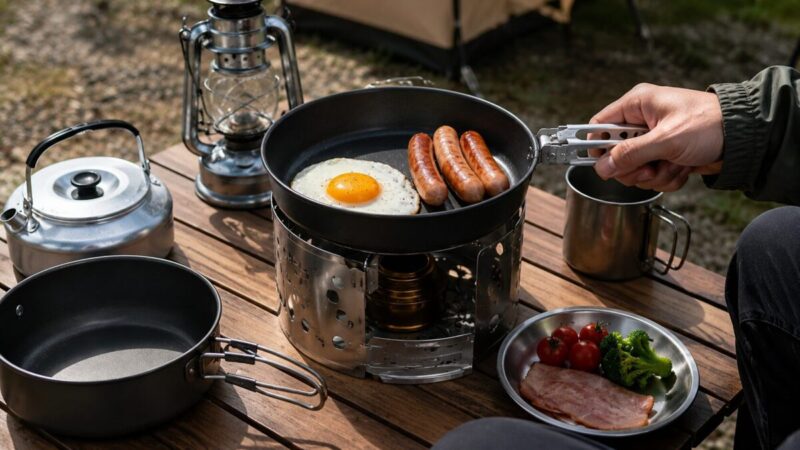 ソロキャンプで小型フライパンを使い朝食を作っている様子