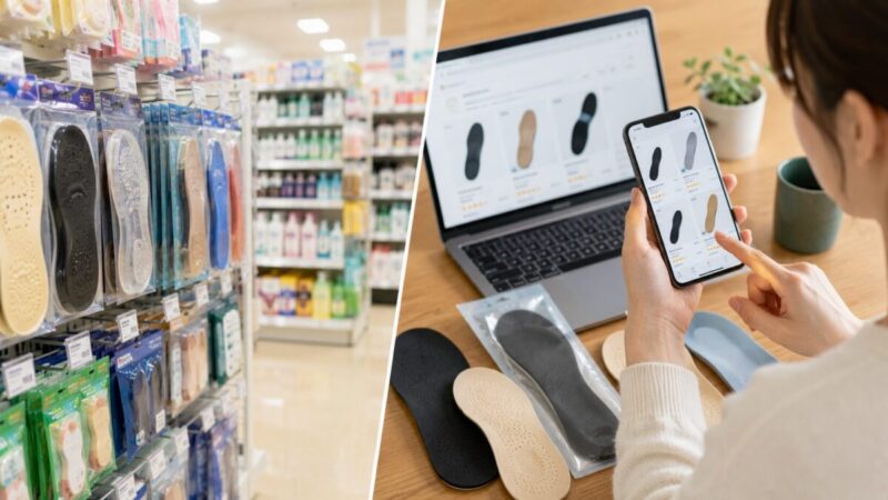 店頭のインソール売り場と通販でインソールを比較する様子