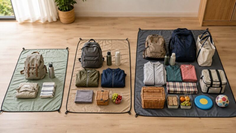 人数と荷物量に合わせてレジャーシートのサイズを比較している様子
