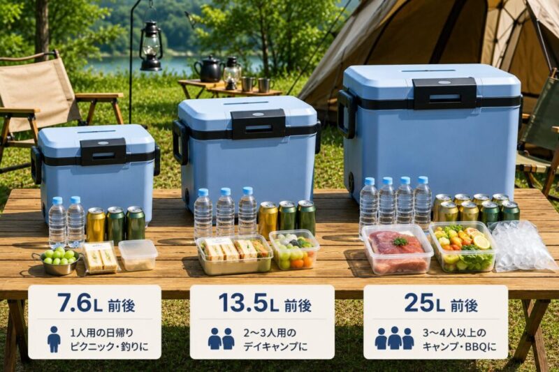 キャンプ場で小型・中型・大型のクーラーボックスを並べ、用途に合わせた容量の違いを比較している様子