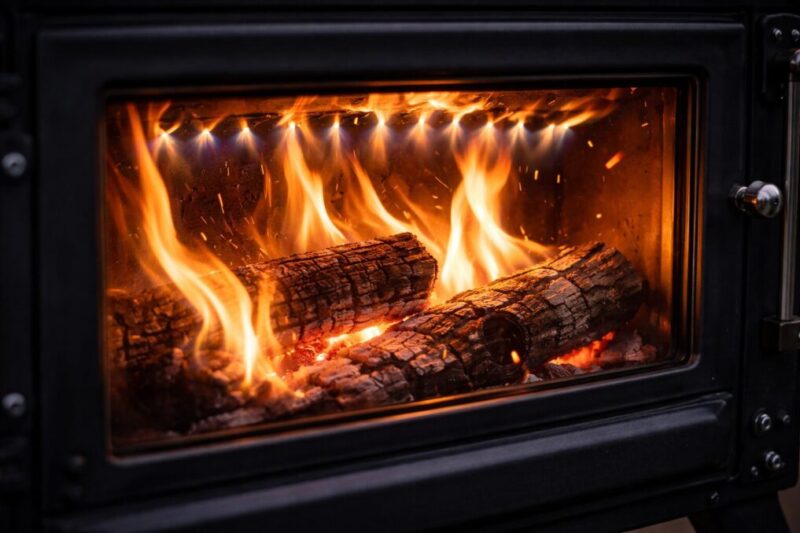 煙が少ない燃え方を連想させる薪ストーブの炎