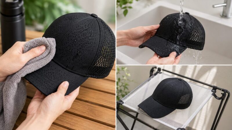 黒いメッシュキャップをタオルで拭き、洗った後に風通しのよいラックで乾かす様子