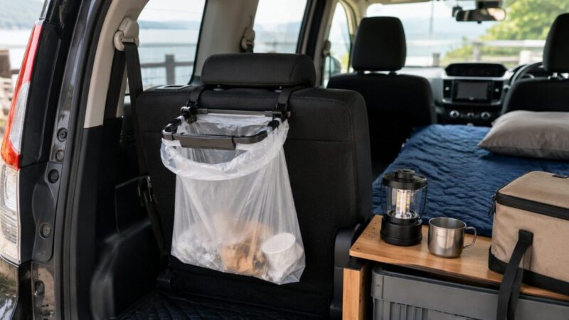 車中泊仕様の車内で、後部座席の背面にゴミ袋ホルダーを掛けている様子。