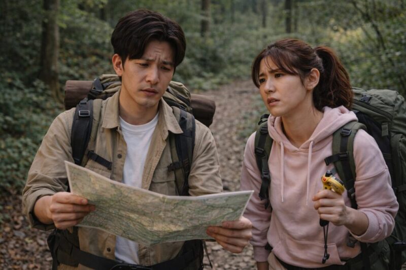 地図を見ながら森の中を歩き、自分たちに合う過ごし方を探している二人