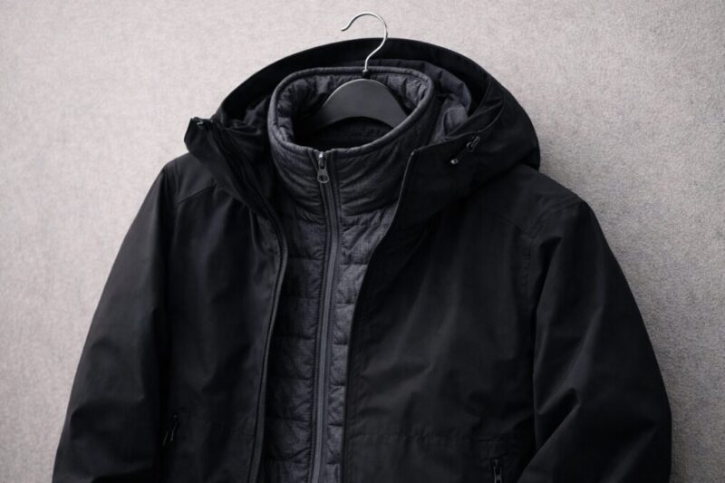 薄手ダウンを防風アウターの内側に入れて、保温の芯として使うイメージ