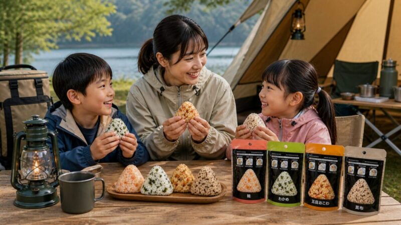 親子でキャンプ中に非常食おにぎりを試食している様子