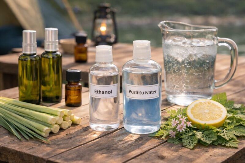 虫よけスプレー作りに使う水分材料と道具が木のテーブルに並んだ