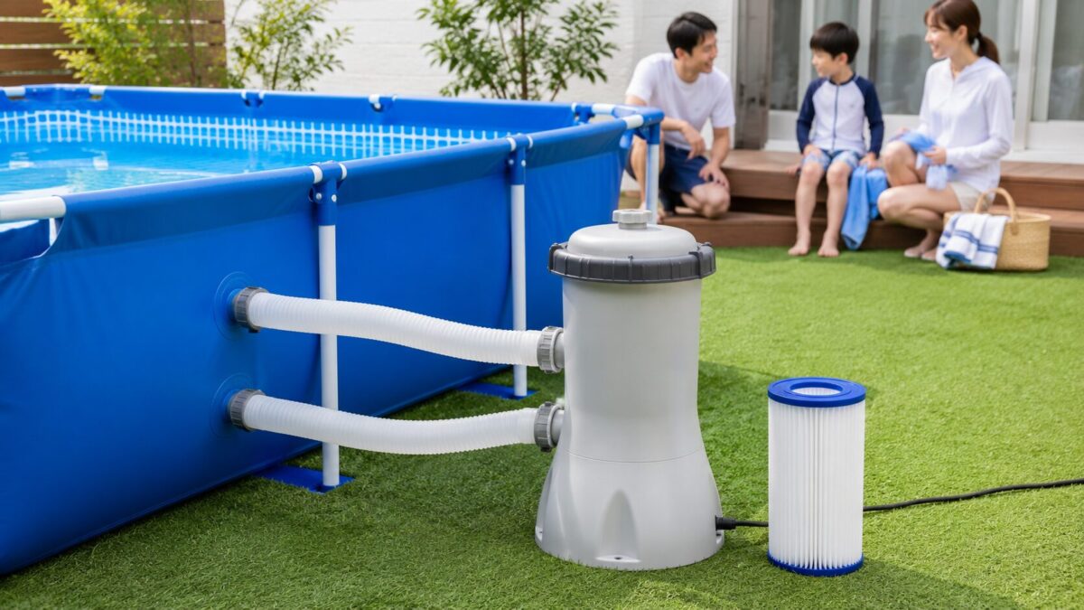 家庭用フレームプールに循環ポンプを接続し交換用フィルターを準備した庭の設置例