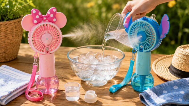 ミスト付きハンディファンの水タンクに水を入れて使う準備をしている様子