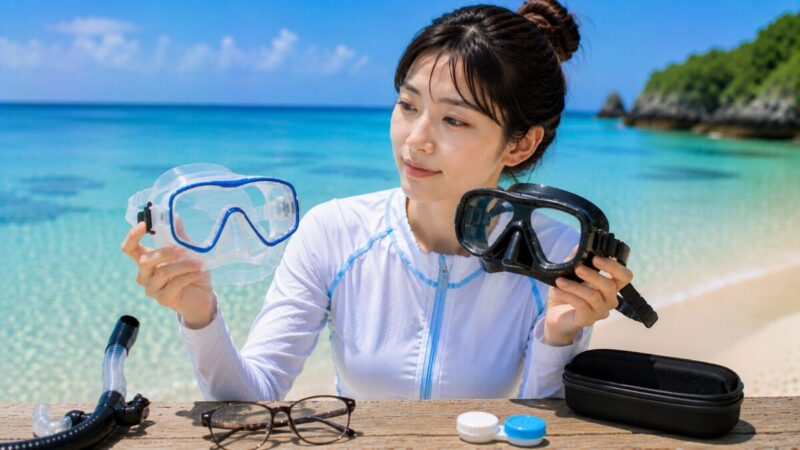 眼鏡と複数のシュノーケリングマスクを見比べて水中用アイウェアを選ぶ女性