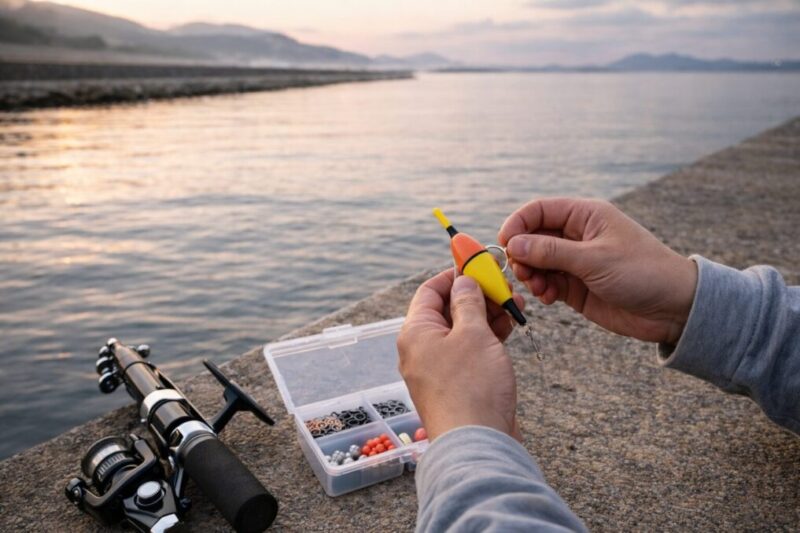 堤防で釣りの準備をしながらウキ仕掛けを整えるイメージ