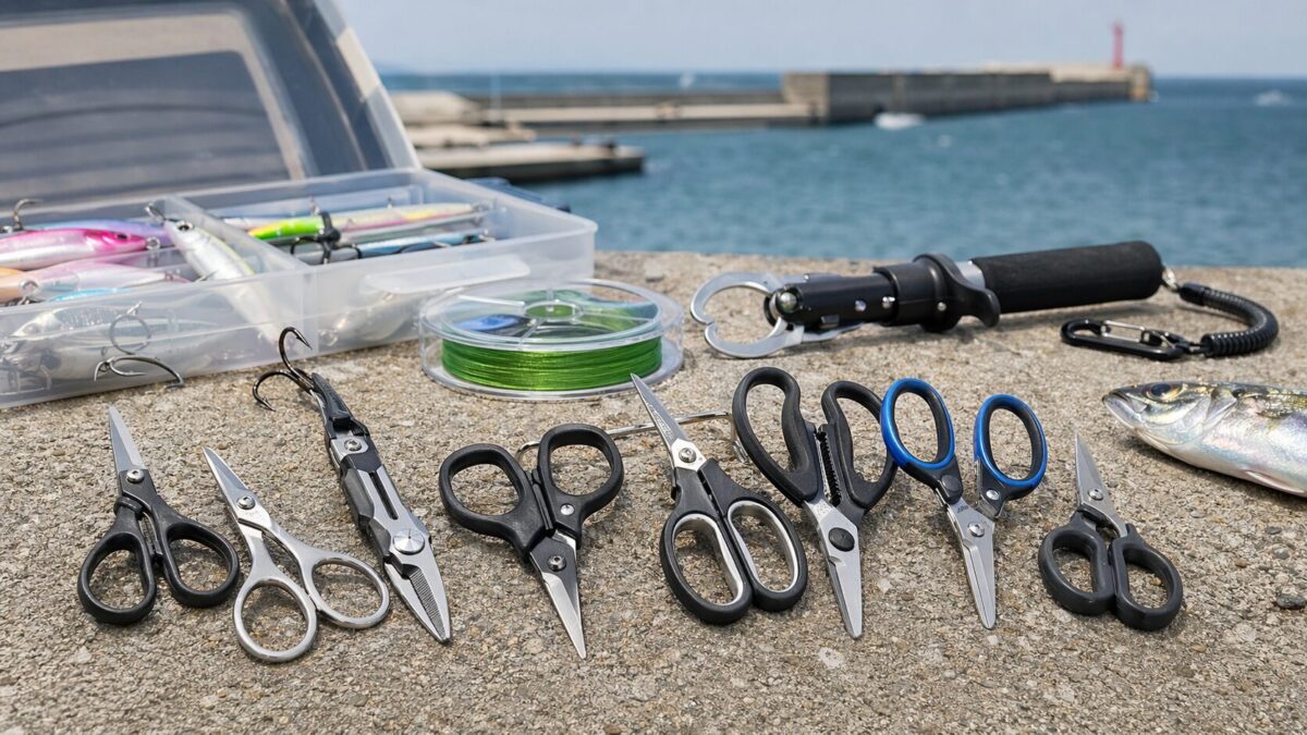 海辺の堤防で、釣り用ハサミやPEライン、ルアー、フィッシュグリップを並べて比較しているイメージ
