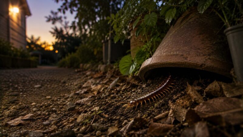 夕方の庭で、植木鉢の下から出てくるムカデ。