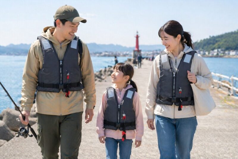 ライフジャケットを着けた家族が水辺の外遊びを楽しんでいる様子