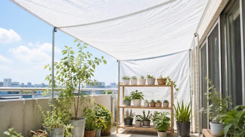 白い遮光ネットでベランダの植物を明るく日除けしている様子