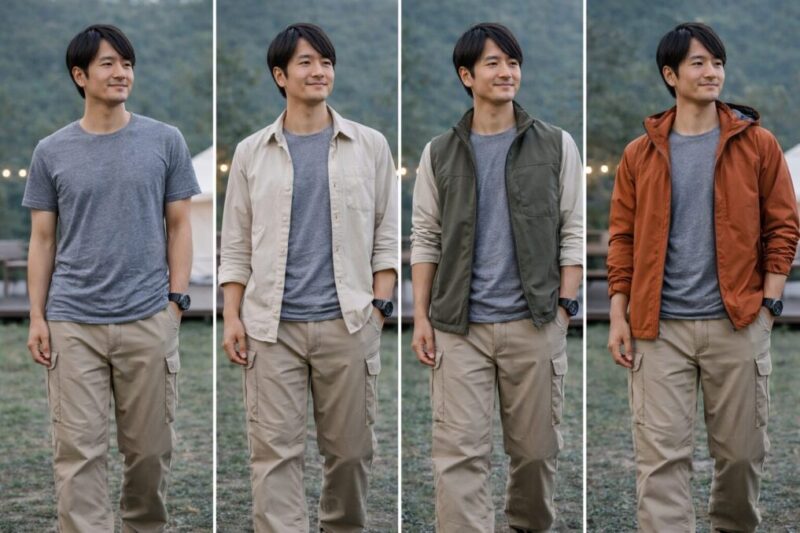 寒暖差のある日に便利な羽織りとインナーの重ね着例