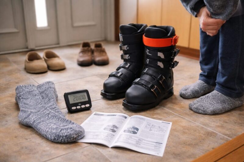 自宅でスキーブーツの熱成型を試す前に準備物を確認している様子