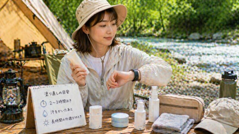 川辺のキャンプサイトで時間を確認しながら顔の日焼け止めを塗り直す準備をしている様子