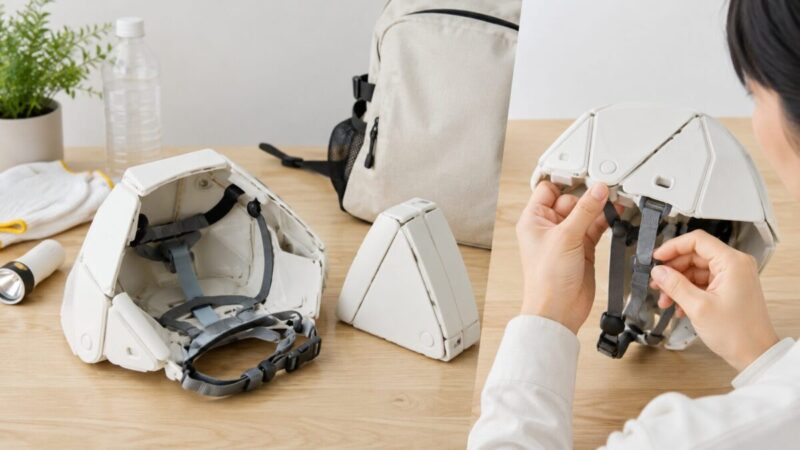折りたたみ防災ヘルメットの内装ハーネスやあご紐を確認しながら組み立てているイメージ