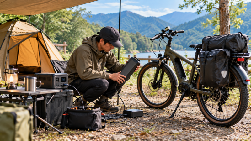 ソロキャンプ中に電動自転車のバッテリーを取り外して充電準備する様子