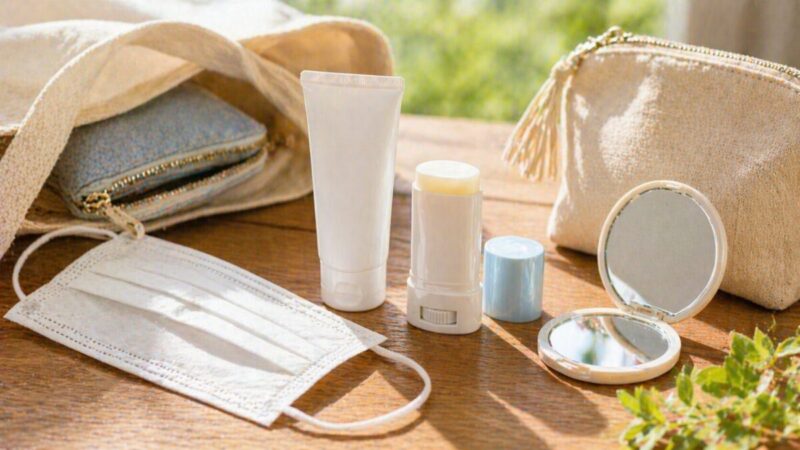 マスクの日に頬まわりの日焼け止めを塗り直すための持ち物を準備するイメージ