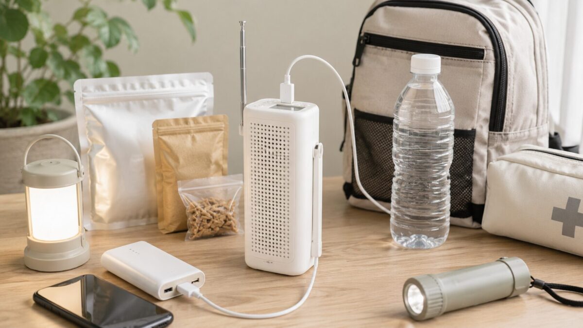 手回し充電ラジオと防災グッズを並べた室内の備え