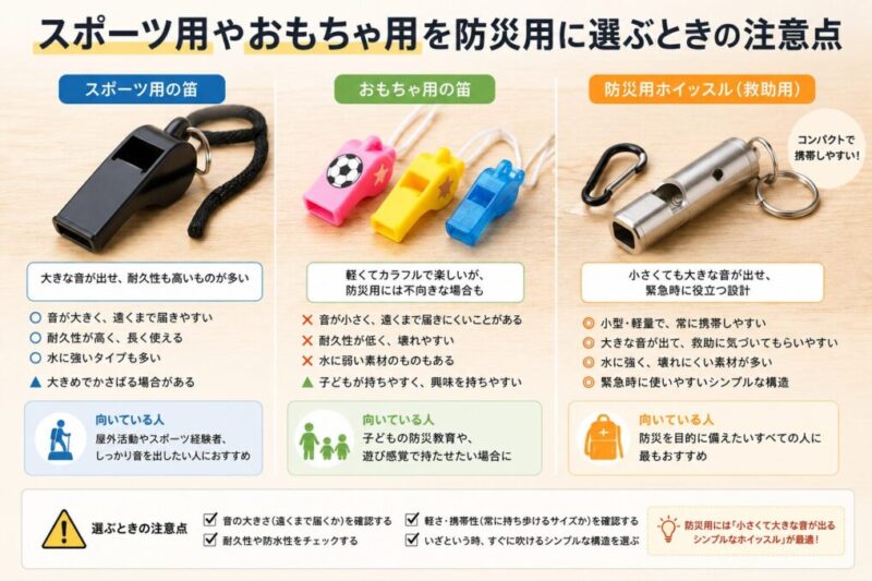 スポーツ用、おもちゃ用、防災用のホイッスルを比較するイメージ。