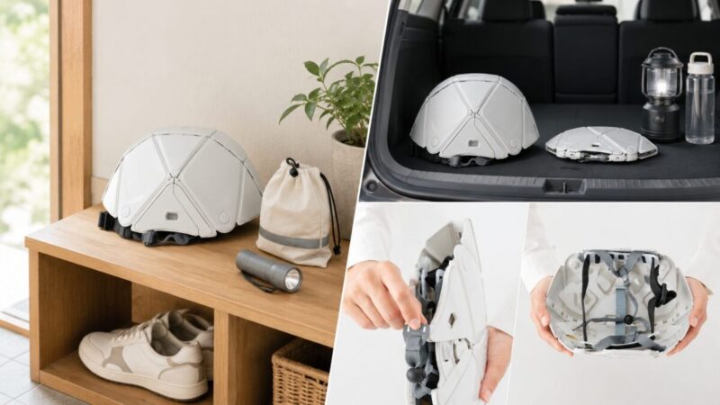 折りたたみ防災ヘルメットを玄関や車内に収納しながら使いやすさを確認するイメージ