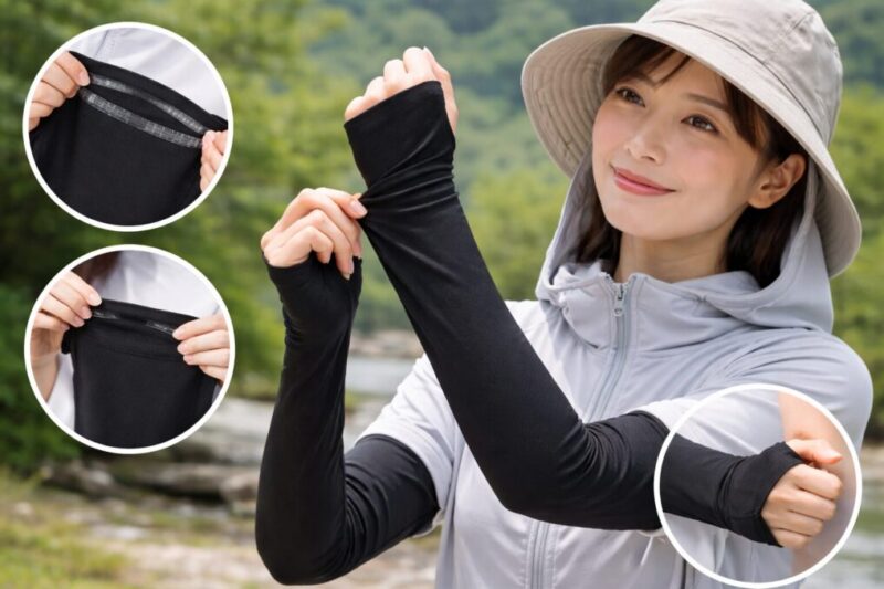 腕全体を覆うアームカバーを装着してフィット感を整えている様子