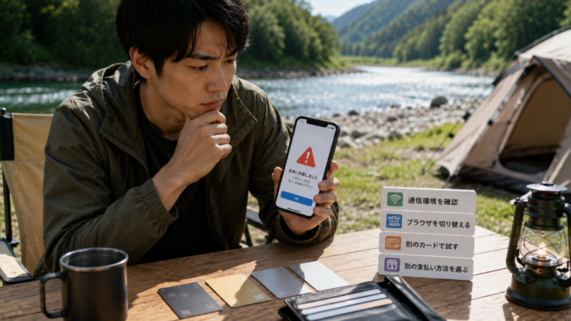 スマホの決済エラーに対して通信環境や別カードなどの対処法を確認する男性