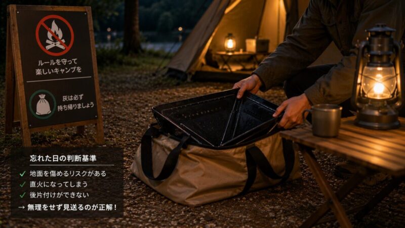 ランタンの灯りがある夜のキャンプサイトで、焚き火台を収納袋へ片付ける様子