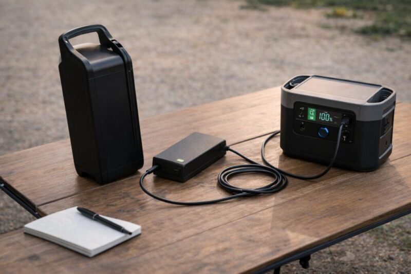 電動自転車のバッテリーと充電器を用意して充電計画を立てるイメージ