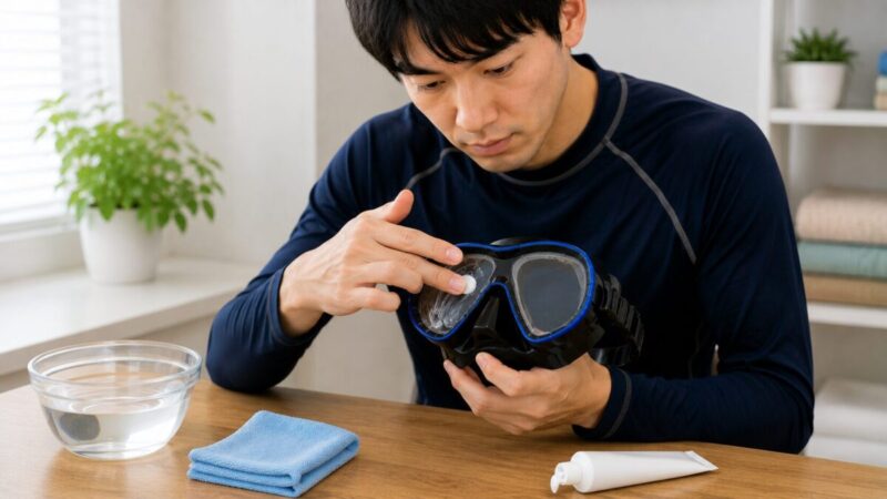 新品のシュノーケリングマスクの内側へ歯磨き粉を薄く広げて油膜を落とす男性