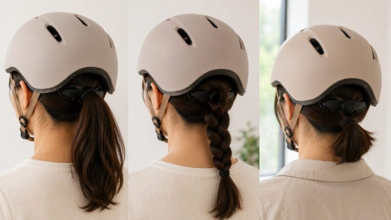 低めポニーテールと三つ編み、首元のひとつ結びでヘルメットを着用する女性の比較