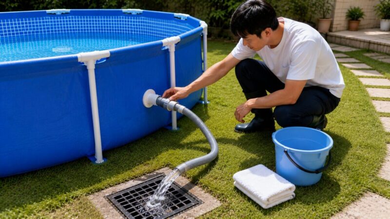 家庭用プールの底栓にホースを接続して排水桝へ水を流す様子