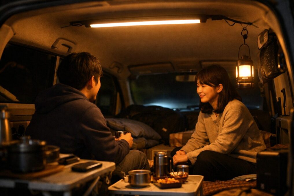 車中泊の車内でUSBライトを天井設置し、暖色の光で快適に過ごしている様子