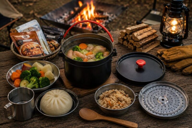 ライスクッカーでスープや蒸し料理などのキャンプ飯を作り、焚き火のそばで食事を準備している様子