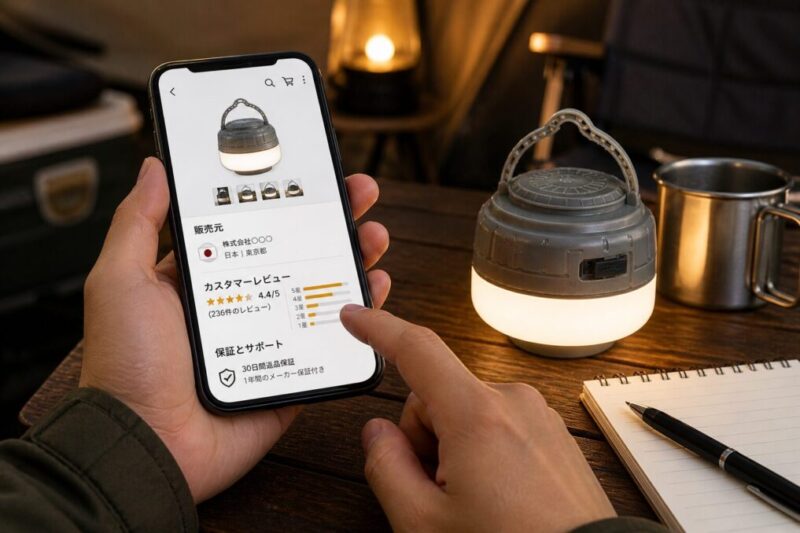 LEDランタン購入前にスマホで販売元やレビューを確認しているイメージ