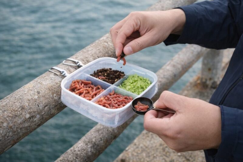 堤防釣りで小分けしやすい餌トレーを使うイメージ